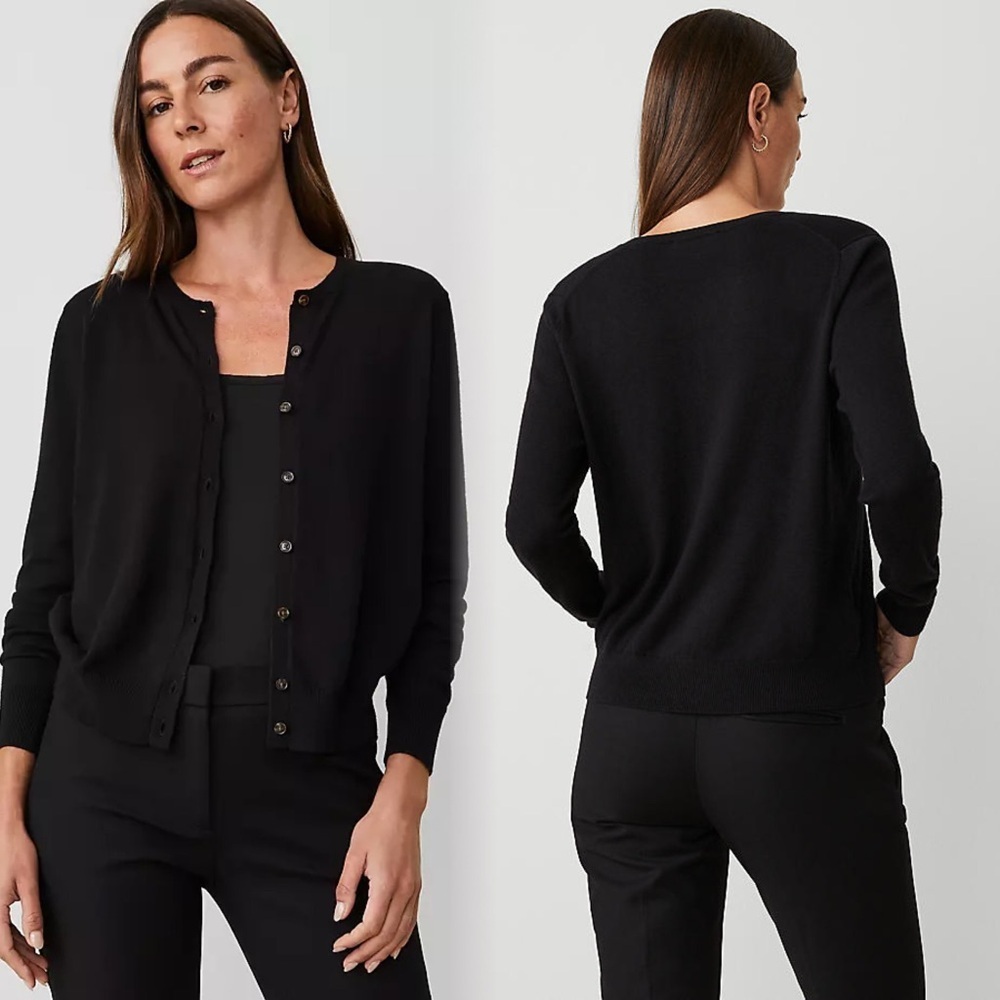 Ann Taylor Classic Black Button-Up Cardigan Sweater Minimalist Chic Vibes